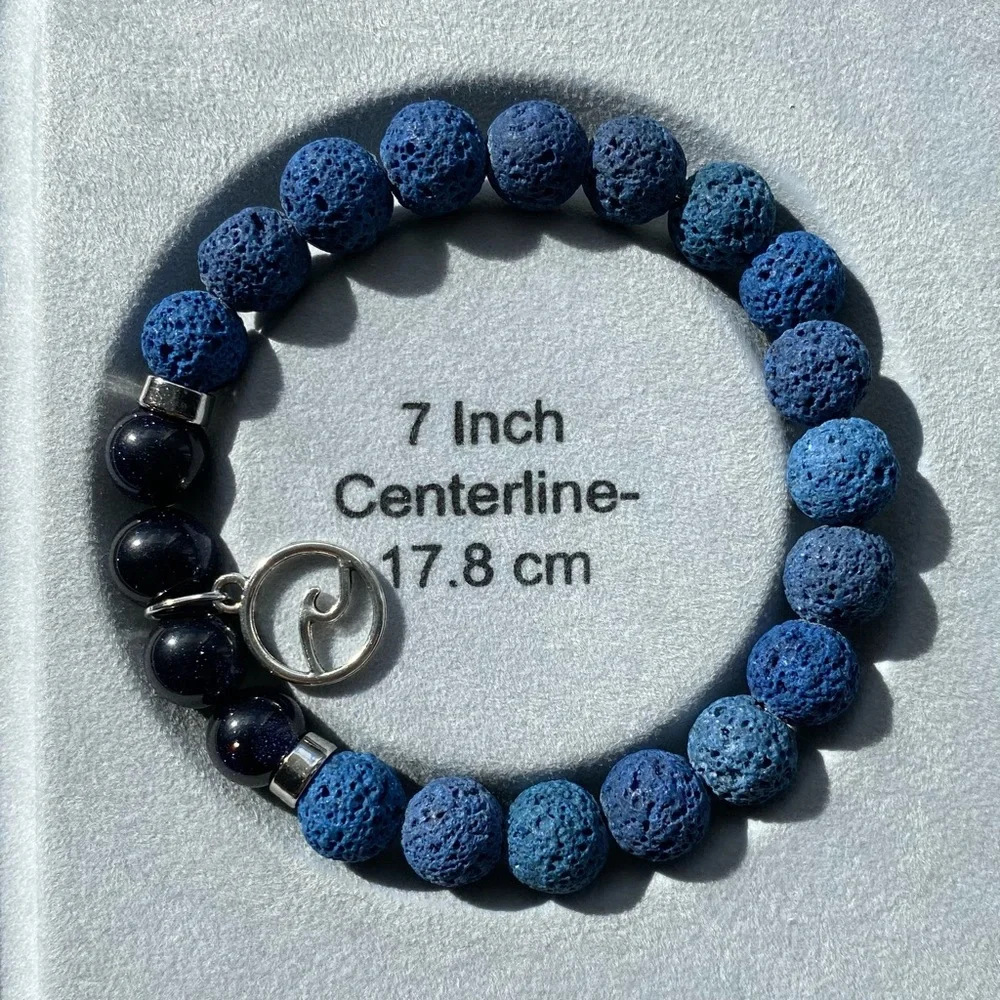 Gemstone Bracelet: Lava Stone + Blue Goldstone + Crackled Glass + Wave Charm - Picture 8 of 9